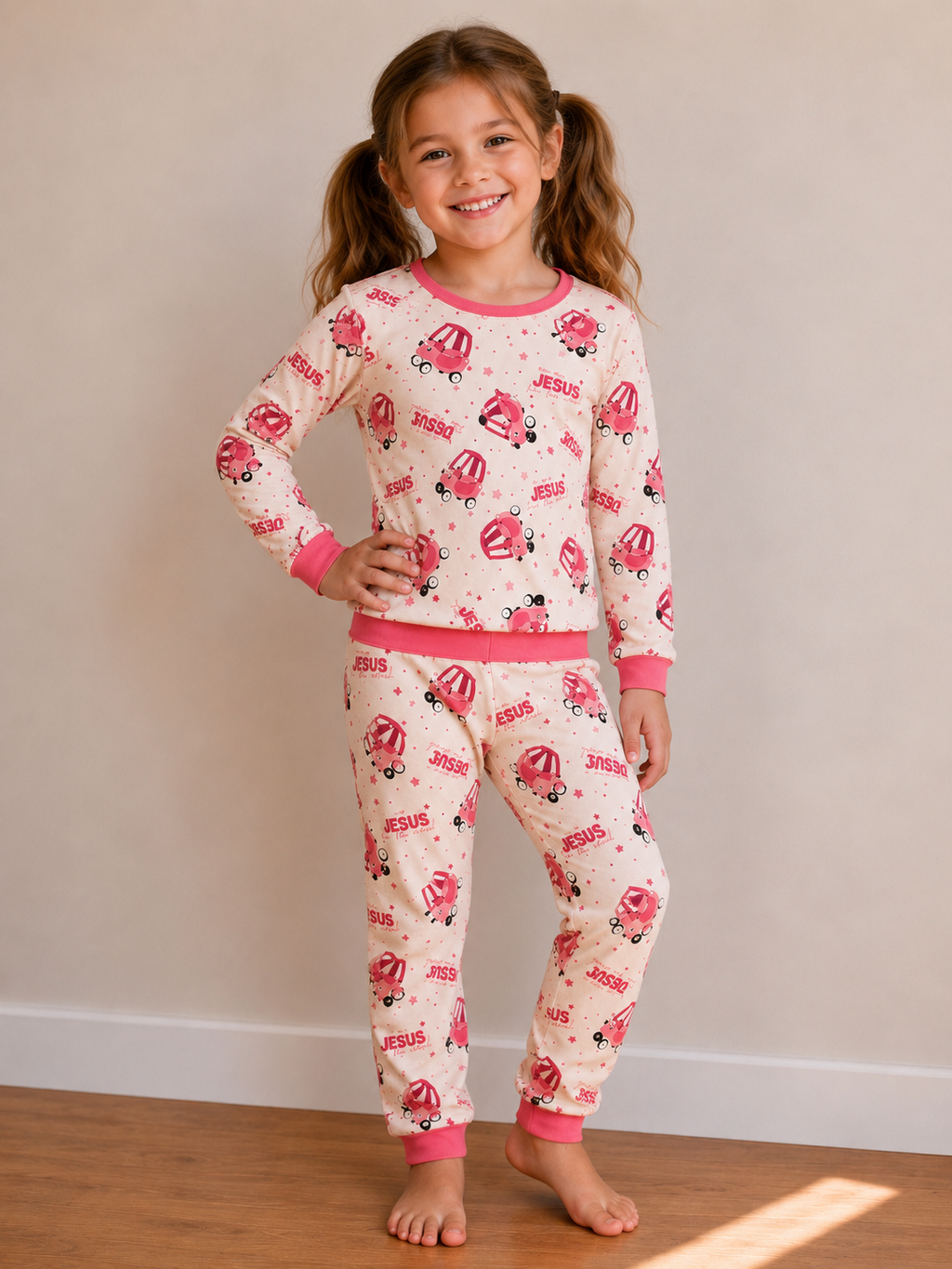 Kids 2 Piece Pajama Set Jesus Take the Wheel - Pink