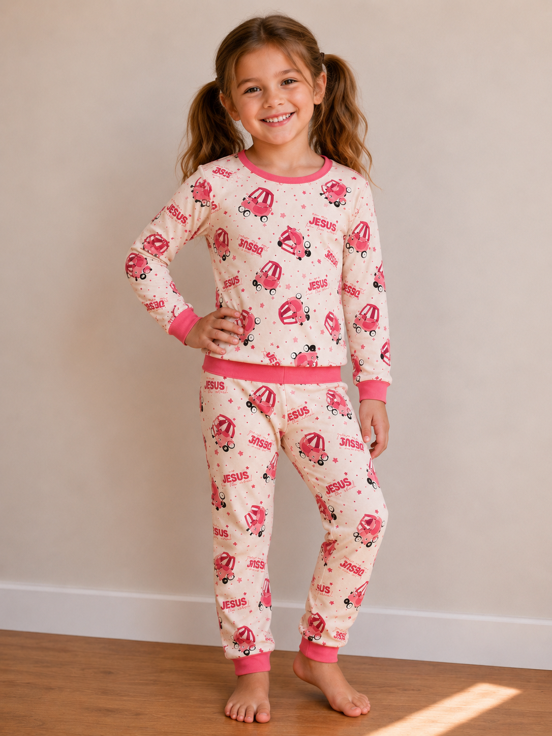 Kids 2 Piece Pajama Set Jesus Take the Wheel - Pink